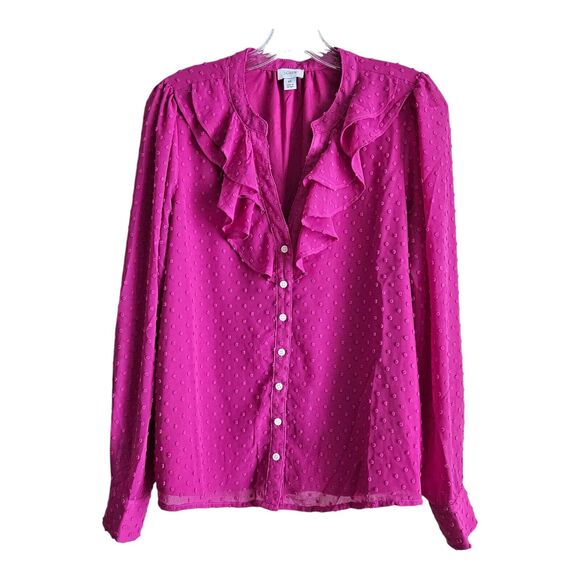 J. CREW Women's M Blouse Ruffle Swiss Dot Fuchsia Button Up Valentines Bust 40" - Picture 1 of 9